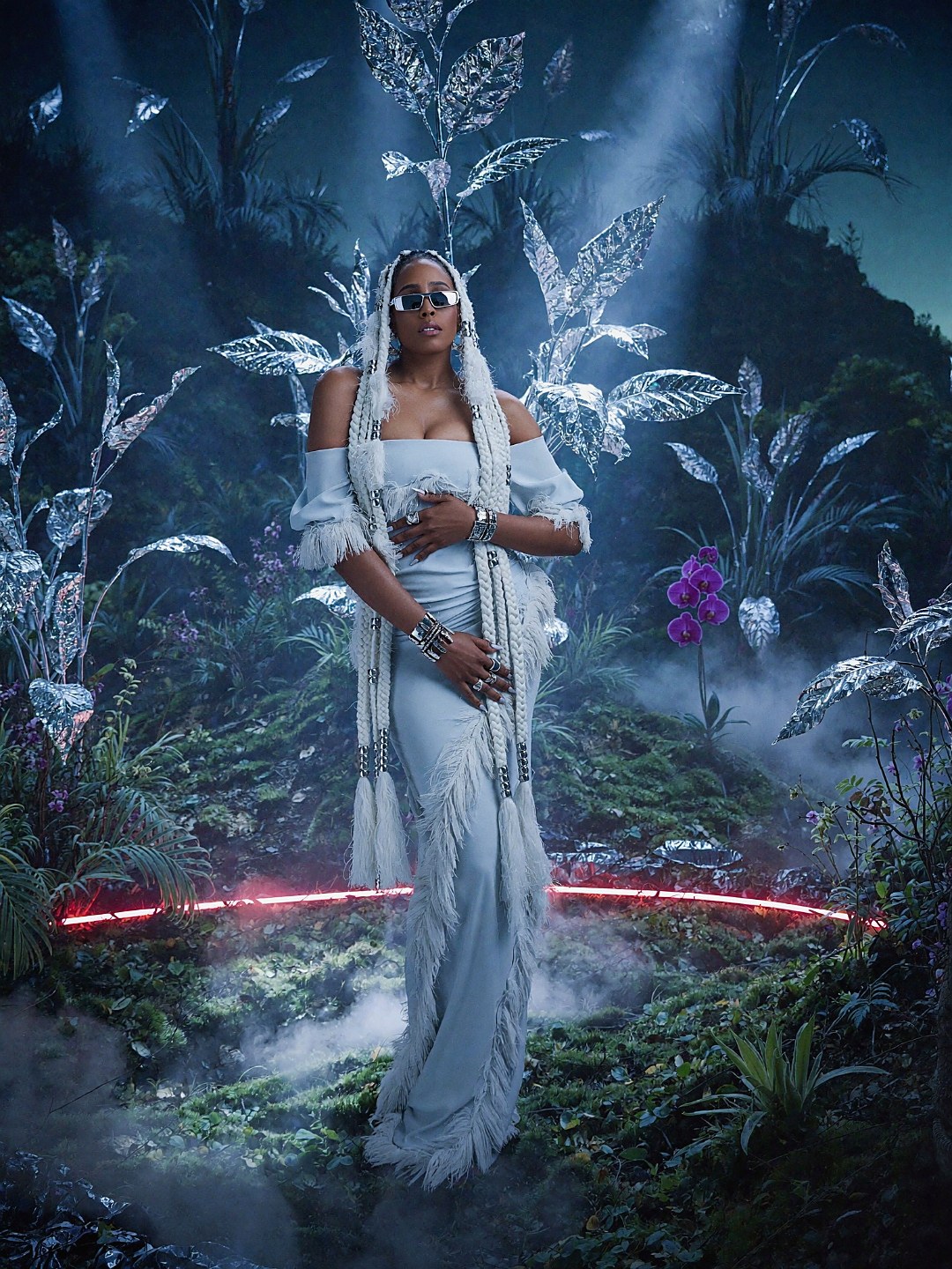NELLA in a chrome rainforest, white fringed gown, silver braids, red neon trail